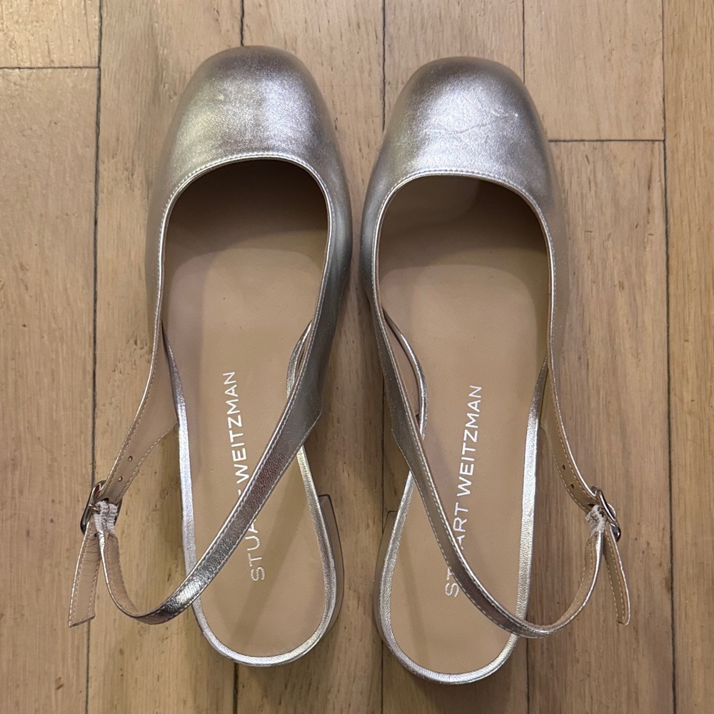Stuart Weitzman Silver Slingback Block Heels Almond/Square Toe